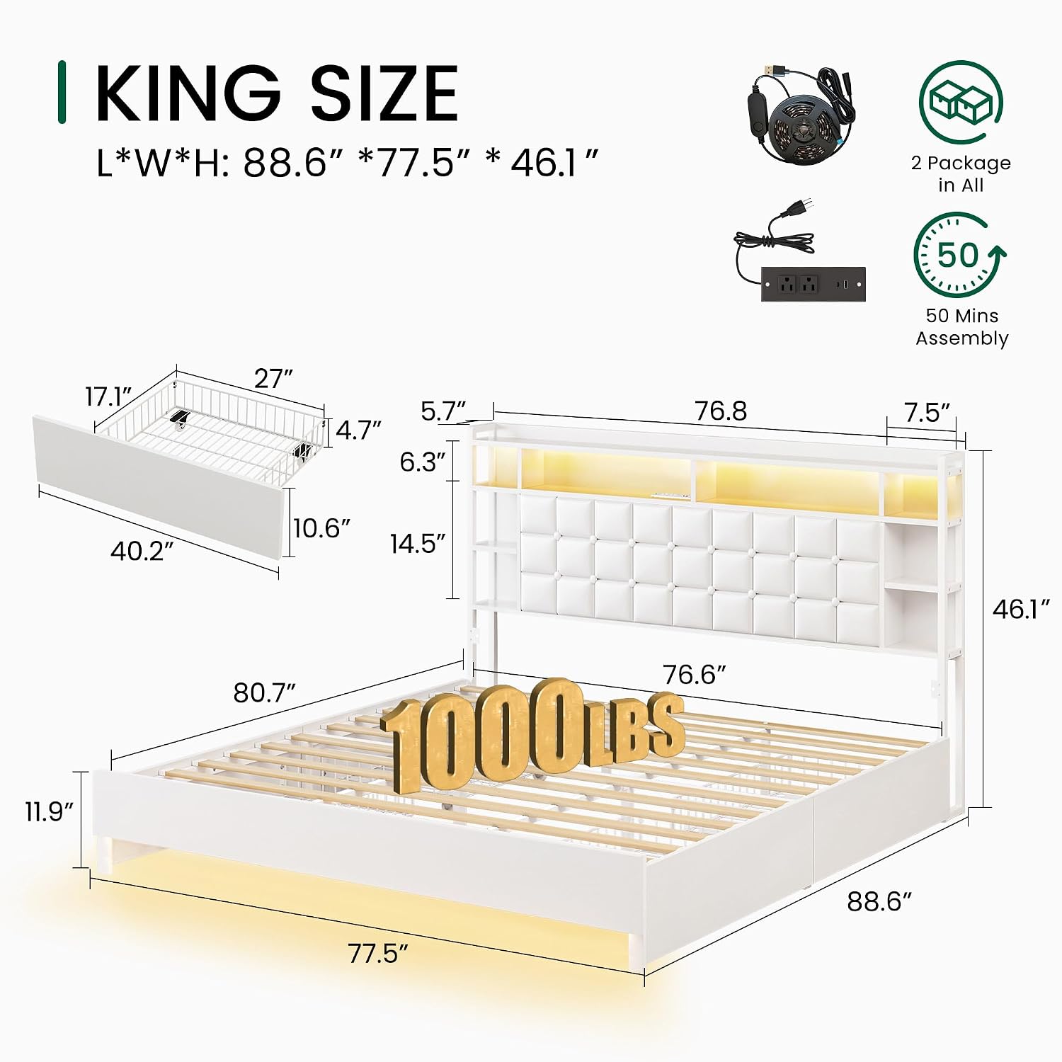 King Size Bed Frame With Storage Drawers - King Boy Ahşap Yatak Çerçevesi, Çekmeceli