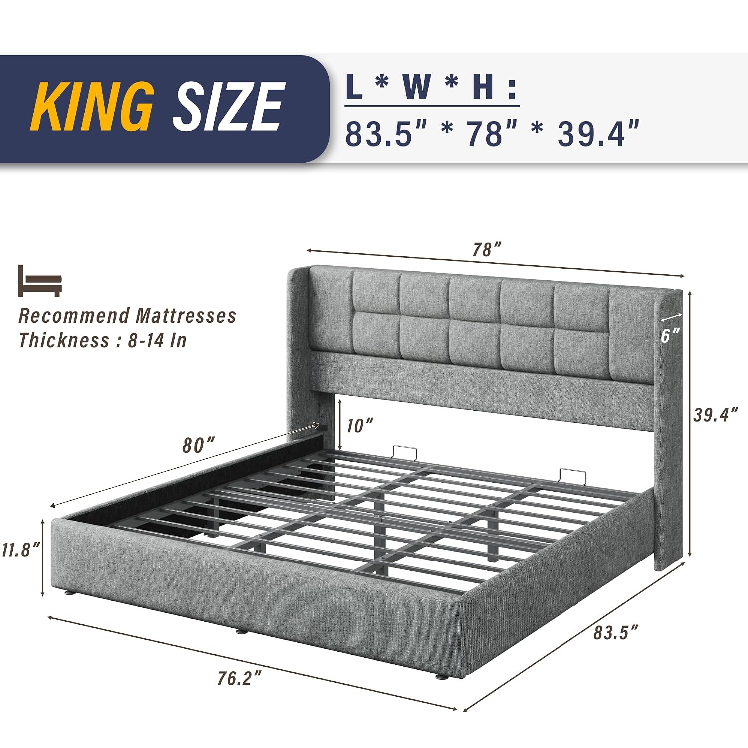 Gas Lift Storage Bed Hydraulic - King Boyutunda Yatak Çerçevesi, Hidrolik Gazlı