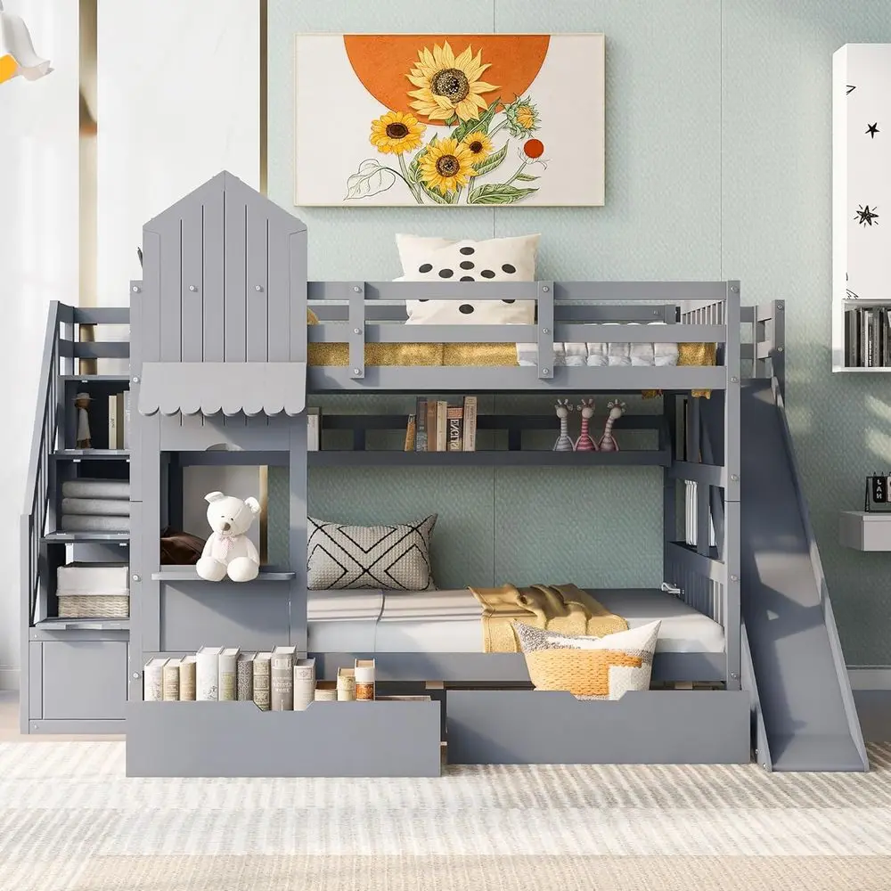 Bunk Bed With Stairs And Slide - Merdivenli, Kaydıraklı, Çekmeceli ve Kitaplıklı Tam