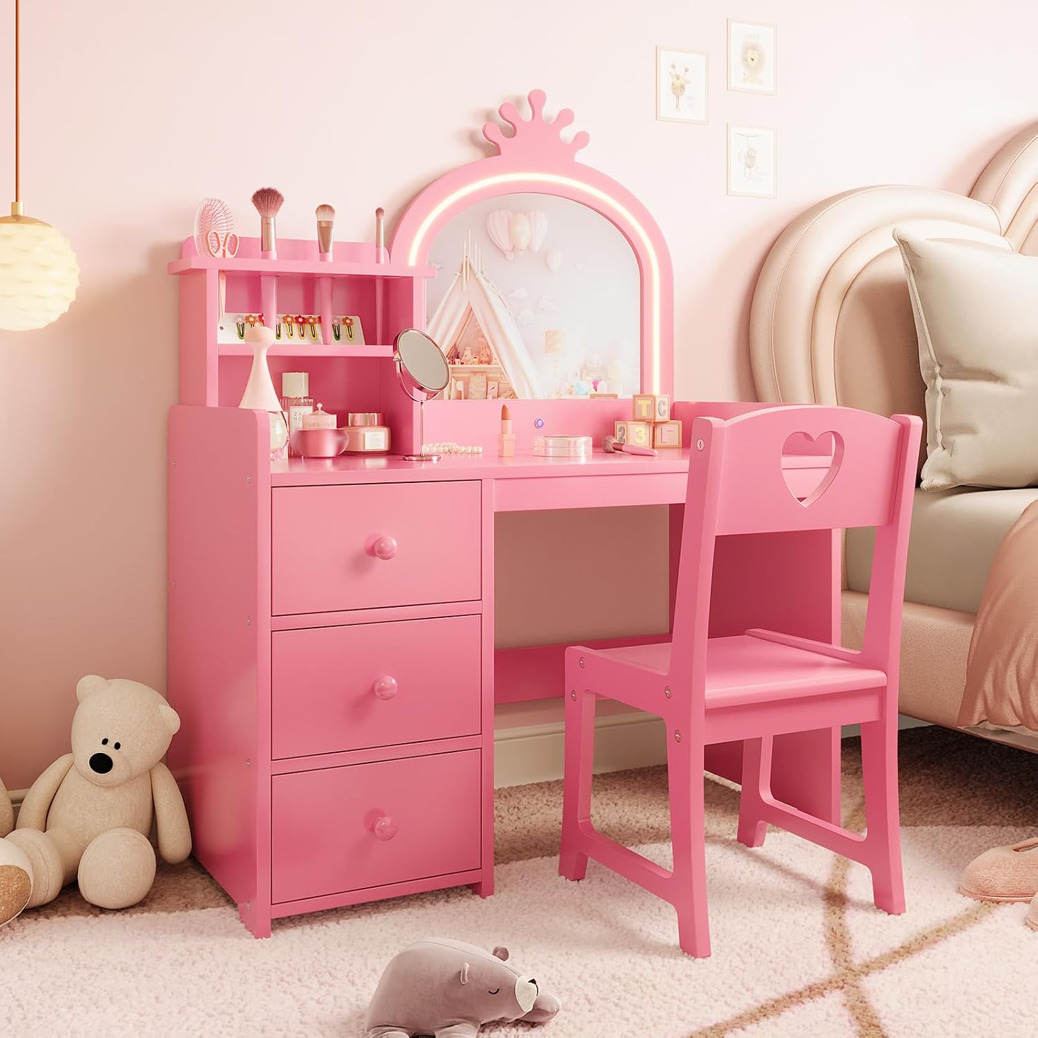 Dressing Table Vanity With Lighted Mirror - Işıklı Aynalı Çocuk Makyaj Masası, Pembe