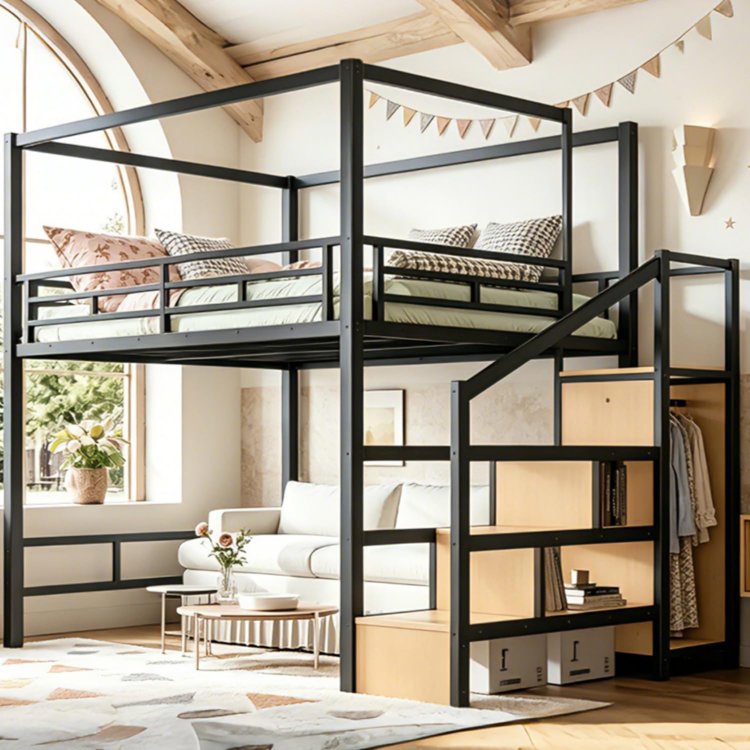 Canopy Bed Frame Metal Queen - Depolama Merdivenli ve Gardıroplu Queen Boy