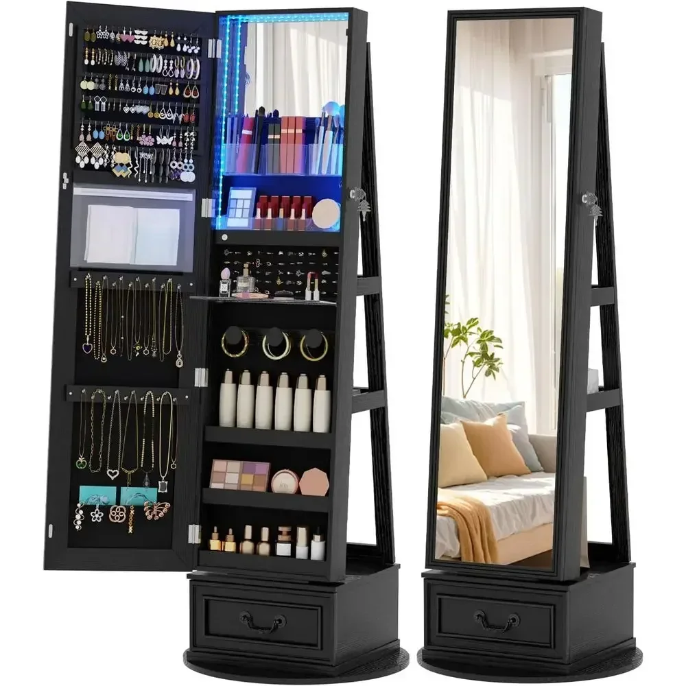 Full Length Mirror Jewelry Armoire - 360 ° Döner Mekanizmalı, Kilitlenebilir, Tam