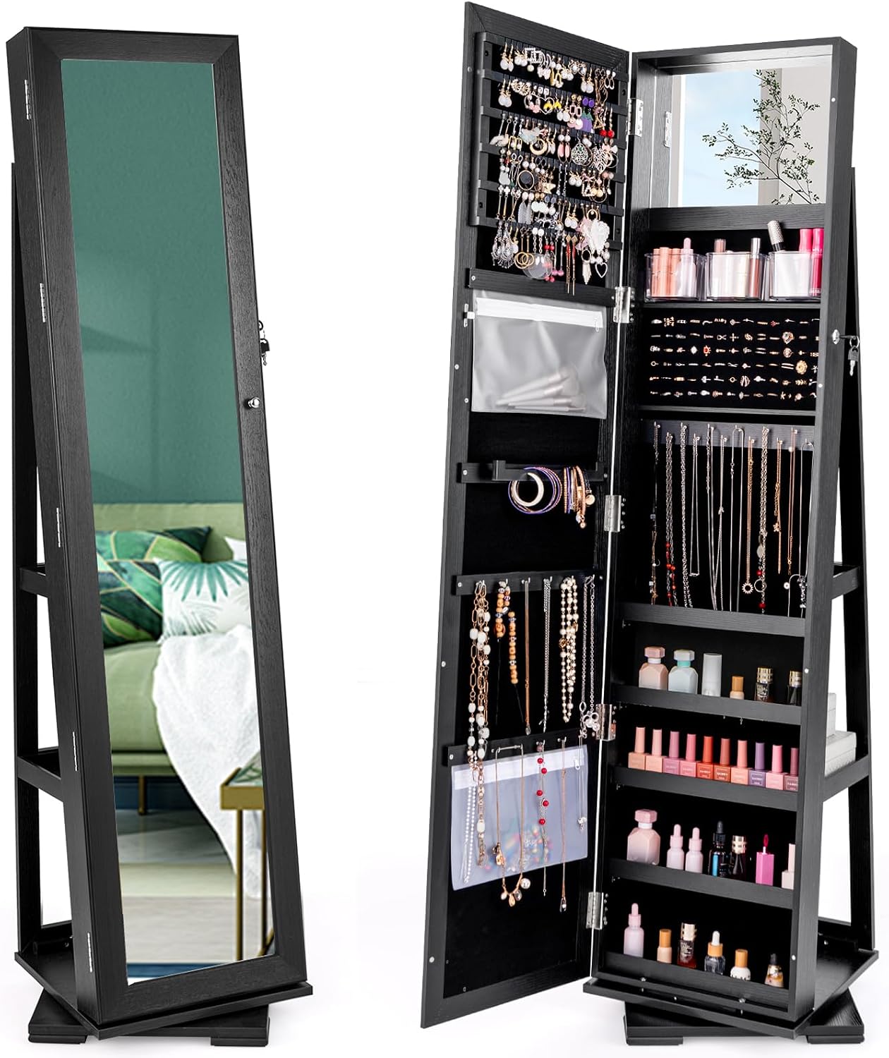 Full Length Mirror Jewelry Armoire - Siyah Ayaklı Kilitlenebilir 360 Derece Döner