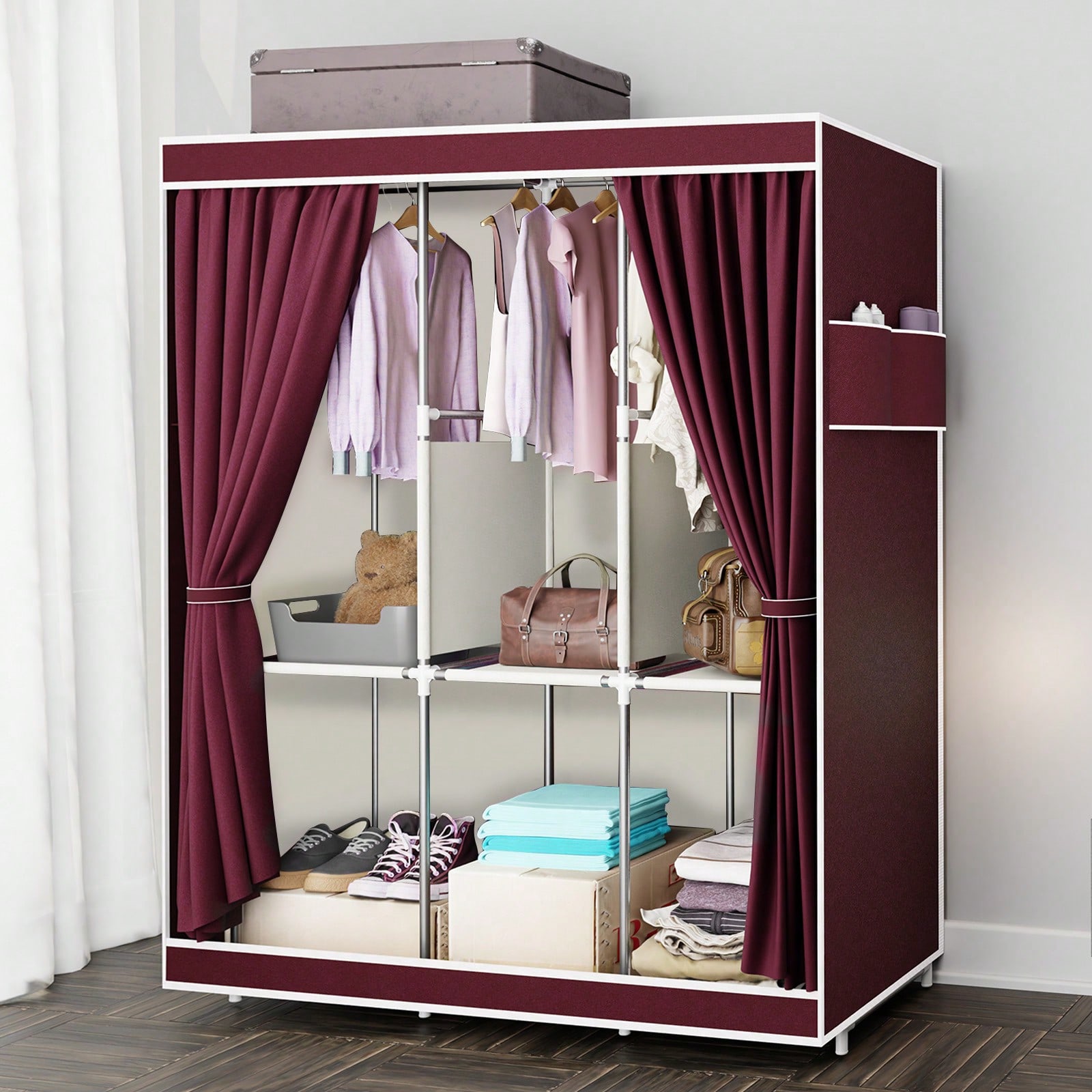 Wardrobe Closet Portable Fabric Cover - 65 inçlik Raflı ve Askı Çubuklu