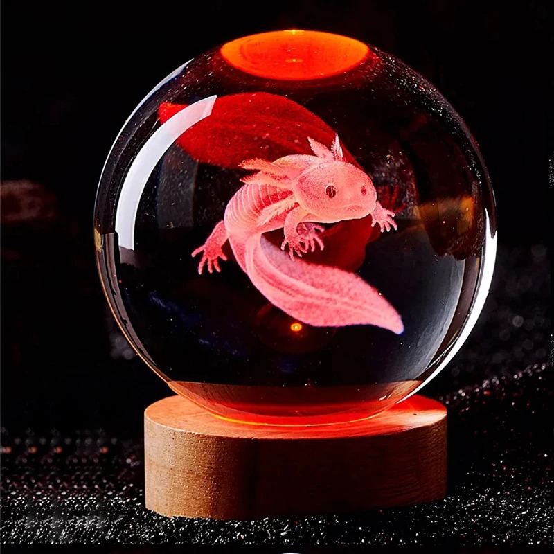 Floating Nightstand With Led Light - 3D Axolotl Lazer Kazınmış Kristal Top