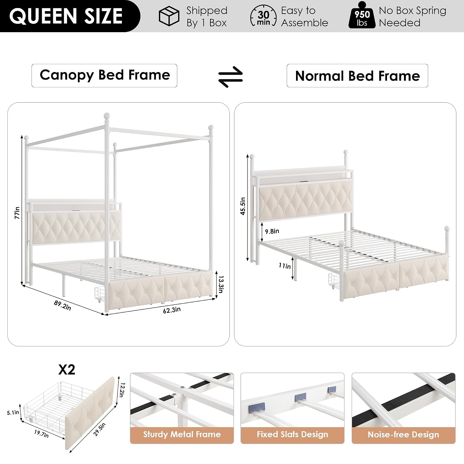 Kraliçe Boy LED Işıklı Çerçeve - Canopy Bed Frame Metal Queen incelemesi ve fiyatı