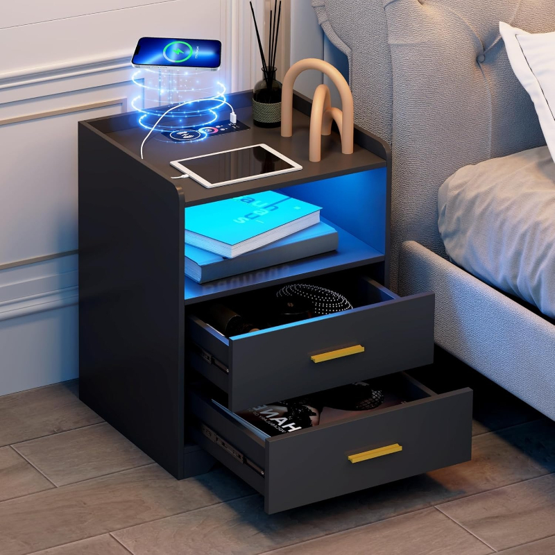 Şarj İstasyonlu Siyah LED Komo - Solid Wood Nightstand 2 Drawers incelemesi ve fiyatı