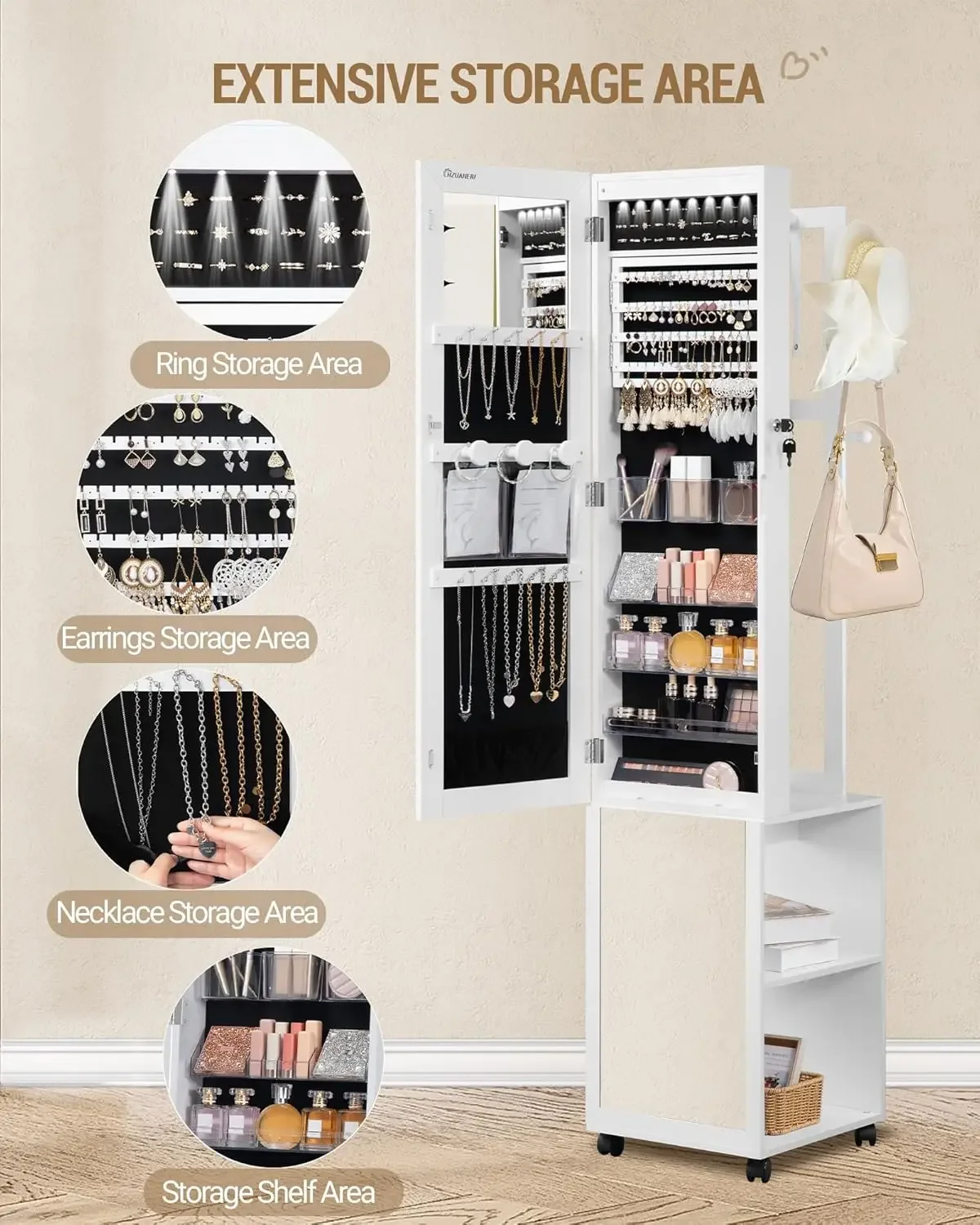 8 LED'li Mücevher Dolabı, 66,9 - Full Length Mirror Jewelry Armoire incelemesi ve fiyatı