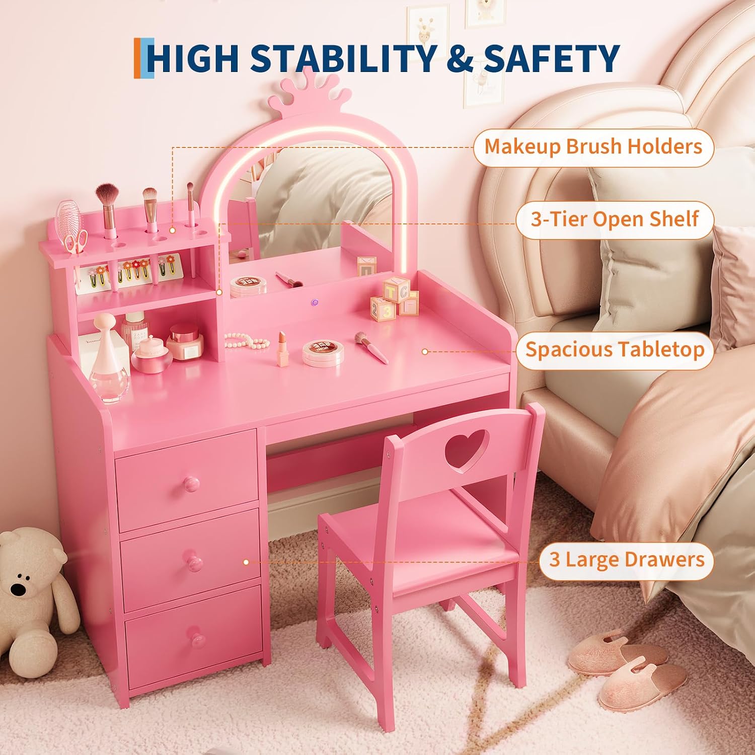 Işıklı Aynalı Çocuk Makyaj Mas - Dressing Table Vanity With Lighted Mirror incelemesi ve fiyatı