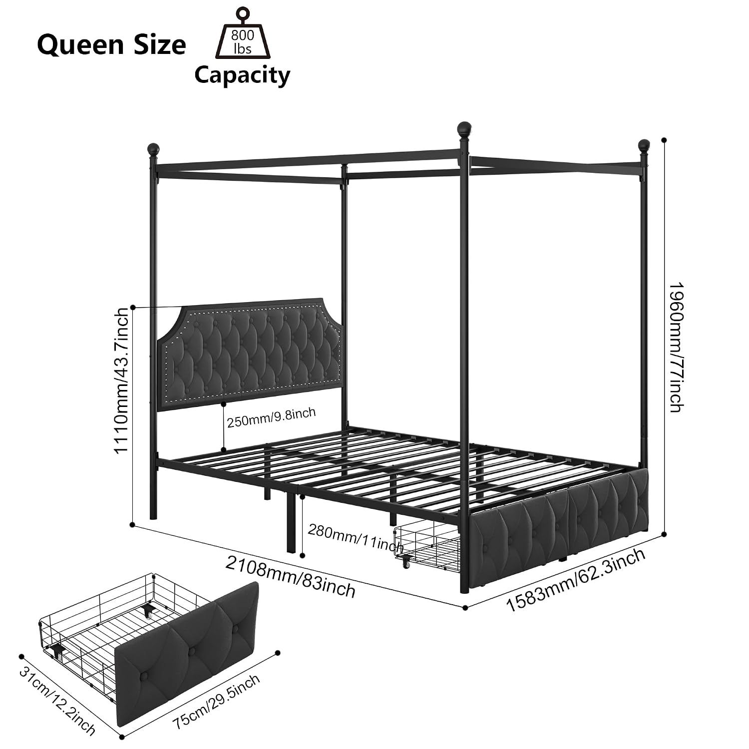 Depolama Çekmeceli ve Kapitone - Canopy Bed Frame Metal Queen incelemesi ve fiyatı
